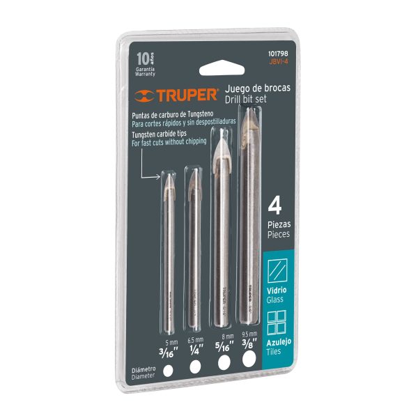 JUEGO DE 4 BROCAS CARBURO DE TUNGSTENO PARA VIDRIO Y AZULEJO TRUPER