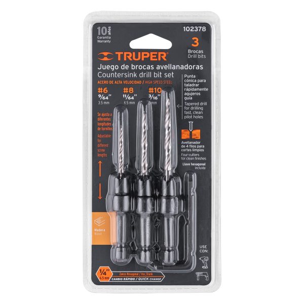 JUEGO DE BROCAS AVELLANADORAS PARA MADERA 3 PIEZAS TRUPER JBAM-3