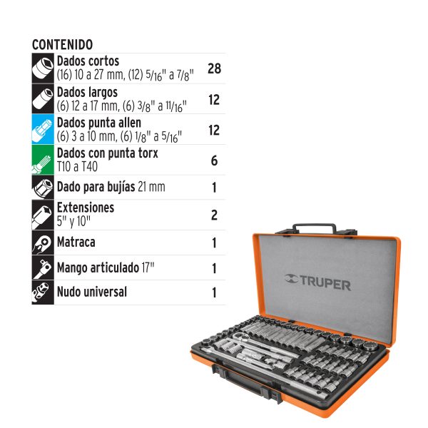 JUEGO COPAS MIXTO CUADRO 1/2" 64 PIEZAS TRUPER - Imagen 2