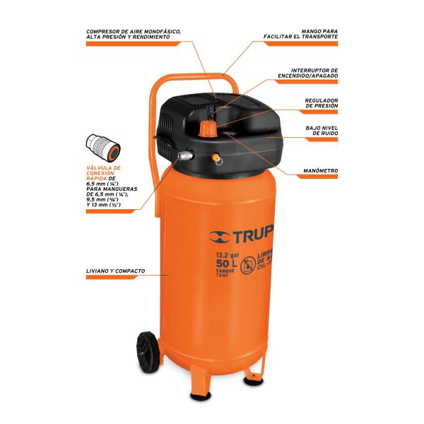 COMPRESOR 50 LTS 3 HP LIBRE DE ACEITE TRUPER COMP-24S - Imagen 2