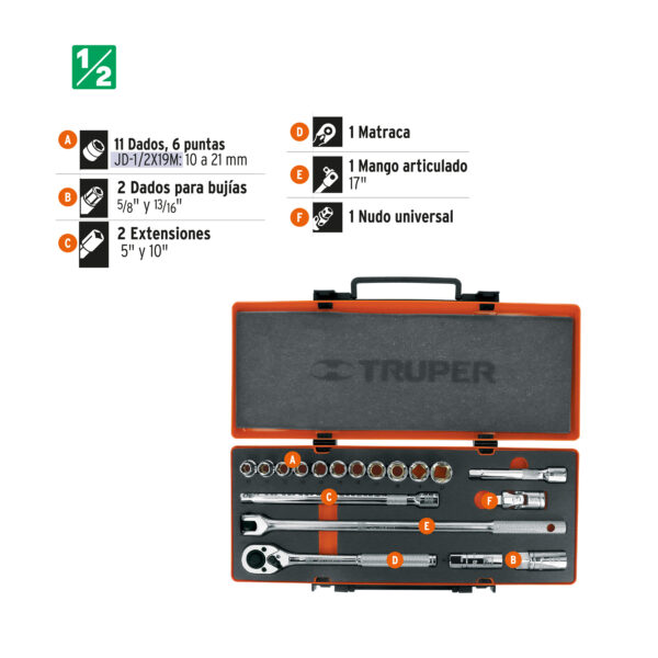 JGO COPAS mm.TRUPER CUADRO 1/2" 19 pzs  JD-1/2X19M - Imagen 2