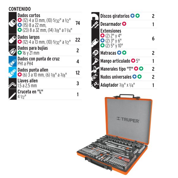 JUEGO DE 135 PZ. CUADRO 1/4", 3/8", 1/2" TRUPER - Imagen 2