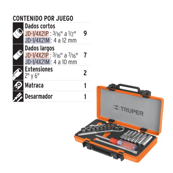 JGO COPAS mm.TRUPER CUADRO 1/4" 21 pzs  JD-1/4X21M - Imagen 2