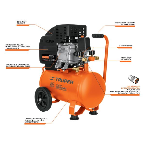 COMPRESOR INDUSTRIAL 25 LTS 3.5 HP TRUPER COMP-25LT - Imagen 2