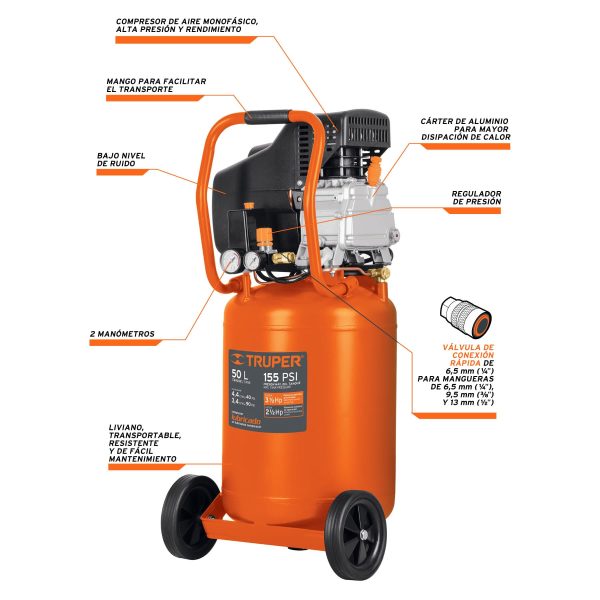 COMPRESOR INDUSTRIAL TANQUE VERTICAL 3.5 HP 50 LITROS TRUPER - Imagen 2