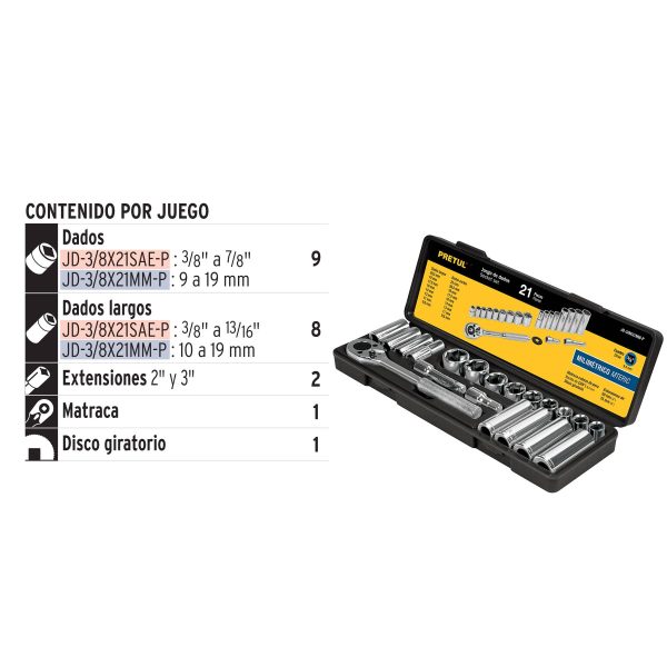 JGO. COPAS   PRETUL CUADRO 3/8" 21 PZAS  JD-3/8X21 - Imagen 2