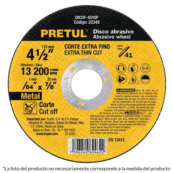 DISCO CORTE FINO P/METAL DE  4 1/2" 1.2MM PRETUL