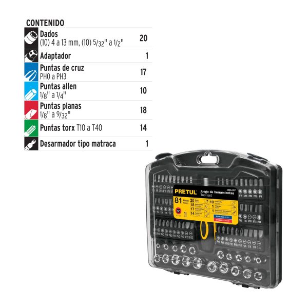 JUEGO COPAS RACHET 1/4" 81 PIEZAS PRETUL - Imagen 2