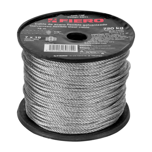 ROLLO CABLE DE ACERO 7 X 19 HILOS 75 M FIERO