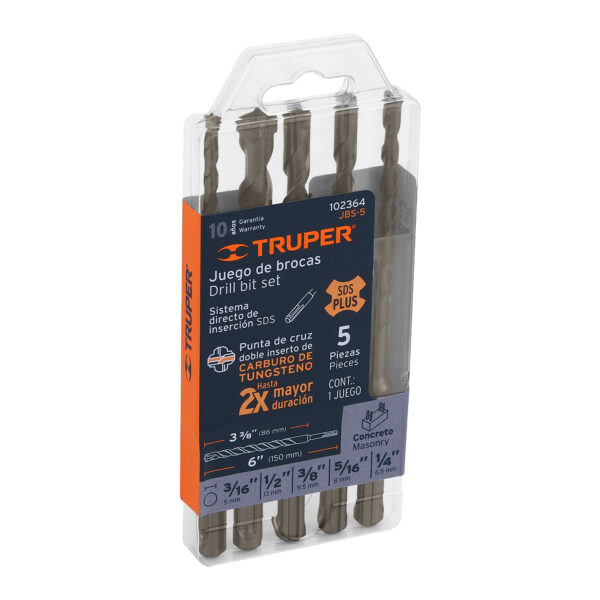 JUEGO DE BROCAS PARA CONCRETO SDS PLUS 5 PIEZAS TRUPER JBS-5